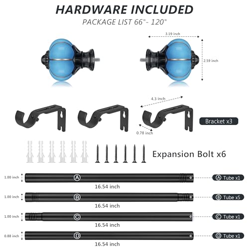 Ceramic Curtain Rods for Windows 66 to 120 Inch 1 Inch Adjustable - color: Black Blue, size: 66"-120"