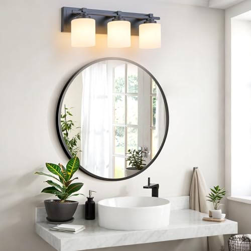 Modern Bathroom Light Fixtures Over Mirror, Vanity Lights for Bathroom Wall Sconces with Milky White Glass Shades, E26 Socket (Bulbs Not Included), 3 Light, Black - color: Black, size: 19.68 inch-3-Light