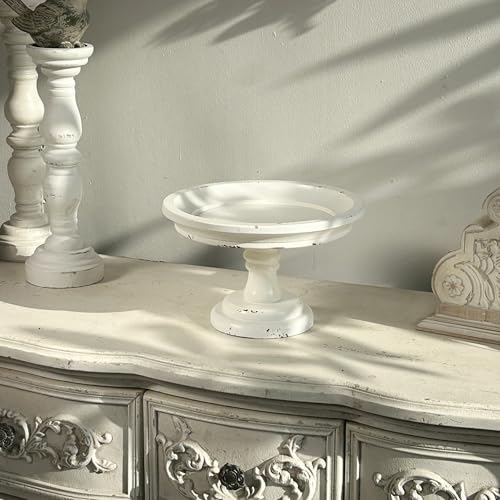 SOFE Round Cake Stand 7" Inner, Rustic White Wood Pedestal Tray - color: White