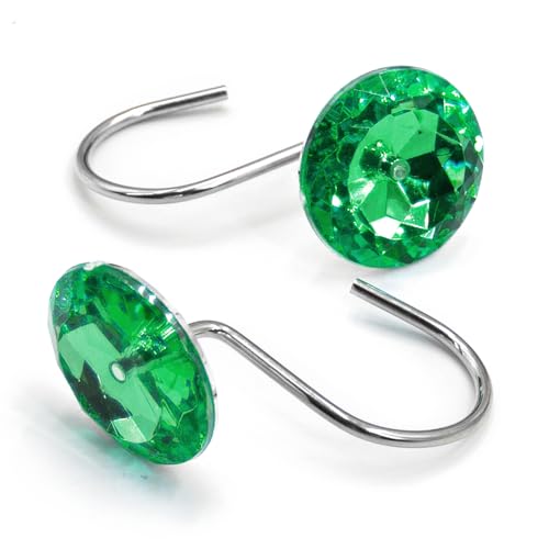 Crystal Diamond Round Shower Curtain Hooks Rings for Bathroom,Green,12PCS - color: Green