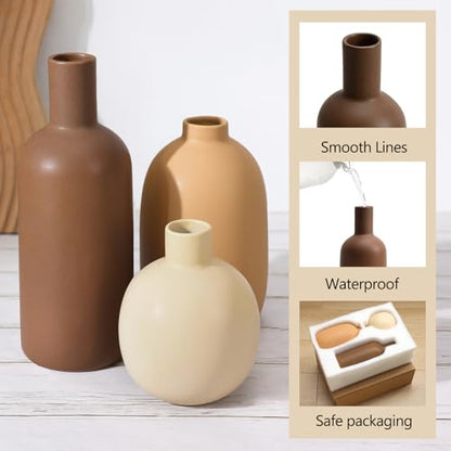 Large Ceramic Vase Set of 3, Brown Rustic Vases Home Decor Waterproof - color: 3pcs-neutral Large