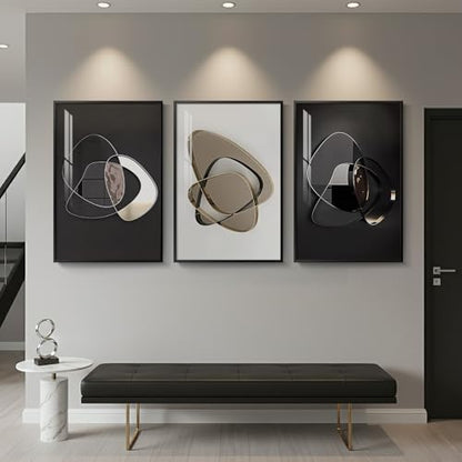 Large Framed Modern Abstract Living Room Wall Art, 3 Piece 24x36 In - color: Abstract Metal Rings, size: 24" W x 36" H x 3 pieces