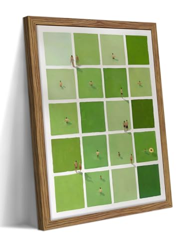 Framed Modern Green Wall Art, Minimalist Summer Swimming Pool Canvas Wall Decor Painting, Mid Century Stripe Artwork Poster Print Pictures for Living Room Bedroom Bathroom Decor 12x16 Inch - color: Green Grid Swimming Pool, size: 16"L x 12"W