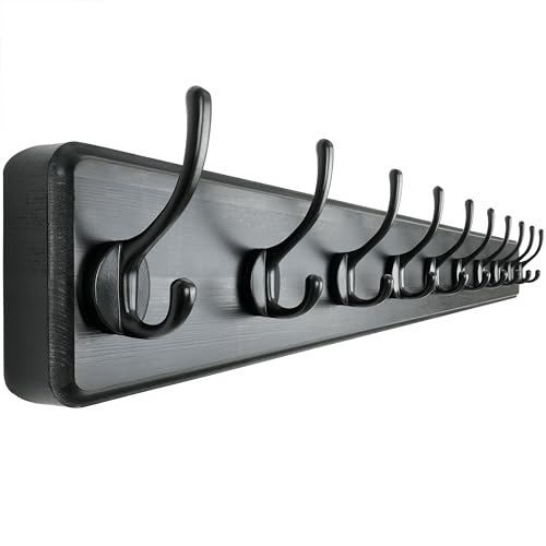 Dseap Coat Rack Wall: 38-1/4" Long, Patented, Heavy-Duty, 10-Double-Hooks Wooden Wall Mounted Coat Rack Coat Hanger Hook Rail for Winter Coats Hat Jacket Clothing, Black - color: Black, size: L=38.3"(1pcs)