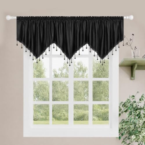 Molaxhome Swag Curtain Scalloped Curtain Valance Drape Sheer Lace Panel 1pc - color: Cloth Black