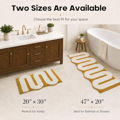 Geometric Design Boho Runner Bathroom Rugs, Long Scalloped Cute Bath Mat Non Slip for Bedroom Kitchen Hallway Laundry Room, Funky Retro Farmhouse Bath Rug Washable, Mustard Yellow, 51"x20" - color: Yellow, size: 1'8" x 4'3" (Rectangular)