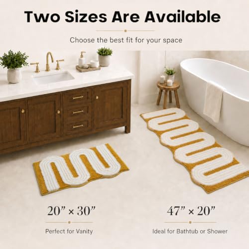 Geometric Design Boho Runner Bathroom Rugs, Long Scalloped Cute Bath Mat Non Slip for Bedroom Kitchen Hallway Laundry Room, Funky Retro Farmhouse Bath Rug Washable, Mustard Yellow, 51"x20" - color: Yellow, size: 1'8" x 4'3" (Rectangular)