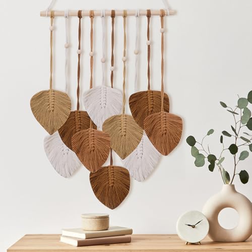 Macrame Wall Hanging Leaves Tapestry, EaseMykit Nursery Decor Leaves Woven Tapestry Feather Handmade Yarn Tassels Boho Wall Decor Art Decorations for Bedroom Living Room Apartment Home Backdrop(Autumn Brown) - color: Autumn Brown