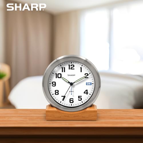 Sharp Silent Sweep Non-Ticking Analog Alarm Desk Metal Clock, Wood Stand