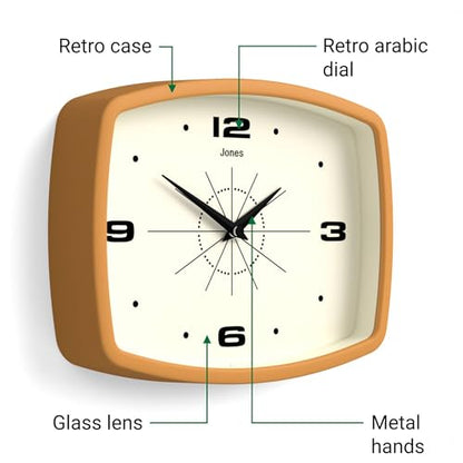 JONES CLOCKS® Movie wall Clock | Rectangular Retro Clock | 10" | Yellow - color: Mustard Yellow