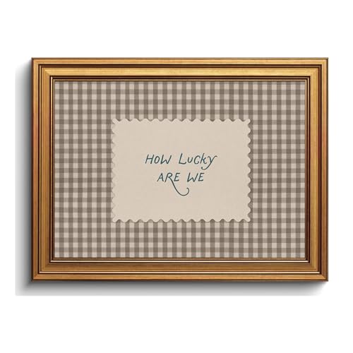 Vintage Gold Framed Wall Art How Lucky Are We Wall Decor Gingham Canvas Art - color: How Lucky, size: 16"L x 12"W