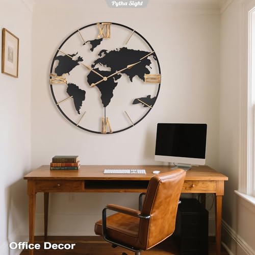 Pytha Sight 36 Inch Large Extra Metal Oversized Roman World Map Wall Clock - color: Black Roman, size: 36 inch