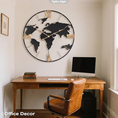 Pytha Sight 36 Inch Large Extra Metal Oversized Roman World Map Wall Clock - color: Black Roman, size: 36 inch