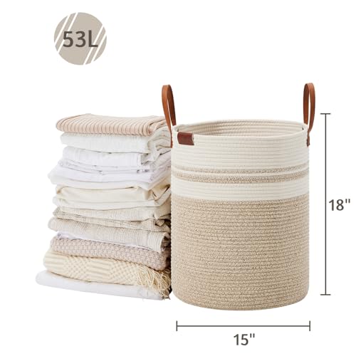 VIPOSCO 53L Tall Woven Rope Laundry Hamper, Leather Handles, Brown & White - color: Brown & White, size: 53L