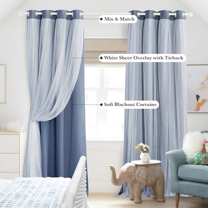 PONY DANCE Dusty Blue Blackout Curtains with White Sheer for Girls Bedroom - color: Blue Haze, size: 52"W x 72"L (Pack of 2)