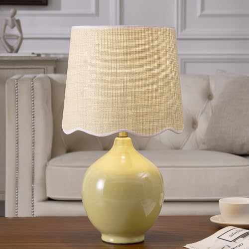 21"H Butter Yellow Ceramic Table Lamp with Beige Faux Rattan Drum Shade - color: Butter Yellow