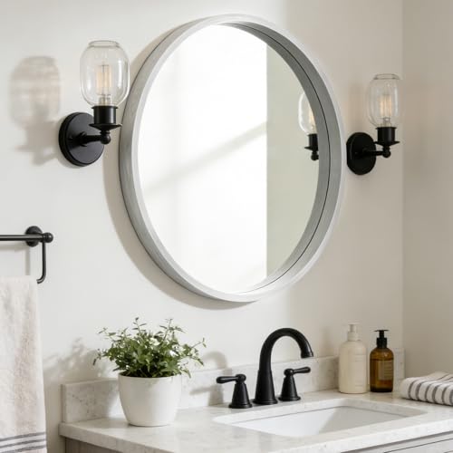WallBeyond 28 Inch Round Wood Mirror, Large Circle Wooden Frame Wall Mirror for Bathroom, Living Room, Bedroom, Entryway (White) - color: White, size: 28"L x 28"W