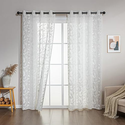 SLEEP ZONE Sheer Curtains for Living Room and Bedroom, Embroidered Sheer Curtains White Sheer Curtain 42 × 63 inch Length of 2 Panels, White Vine - color: White Vine, size: 42"W×63"L