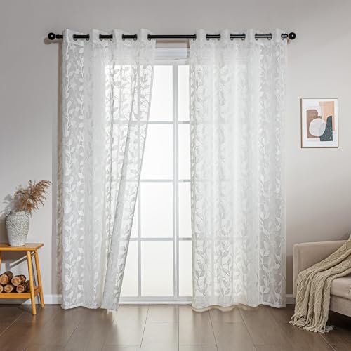 SLEEP ZONE Sheer Curtains for Living Room and Bedroom, Embroidered Sheer Curtains White Sheer Curtain 52 × 72 inches Long of 2 Panels, Off-White Vine - color: White Vine, size: 52"W×72"L