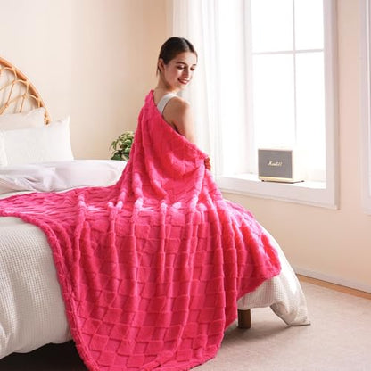 Hot Pink Fleece Throw Blanket for Couch Sofa 50”x60” with Diamond Checkered - color: Hot Pink, size: Throw(50"x60")