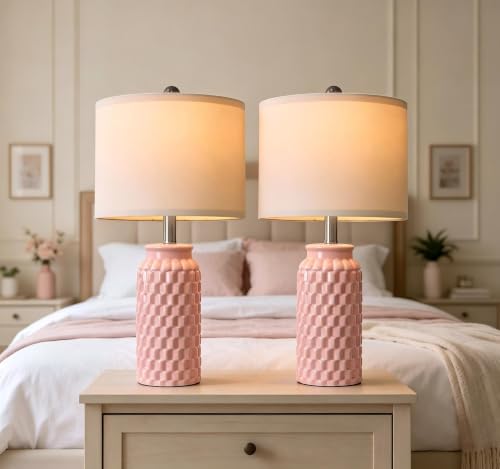 USumkky 20.5" Pink Table Lamps Set of 2,Modern Farmhouse Bedside Lamps - Ceramic Nightstand Lamps for Bedroom,Boho Living Room End Tables,Small Office Desk Lamp - color: Pink