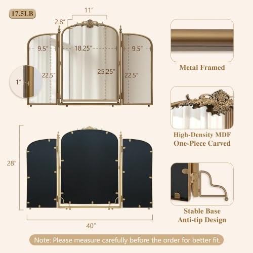 Besdomus Gold Vanity Trifold Mirror: 40"x28" Vintage Brass Three Way Mirror - color: Brass Gold, size: 28"L x 40"W