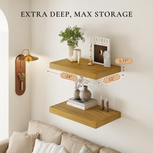 24" Extra Deep Floating Shelves, Set of 2, Natural Wood - color: Natural, size: 2T24IN