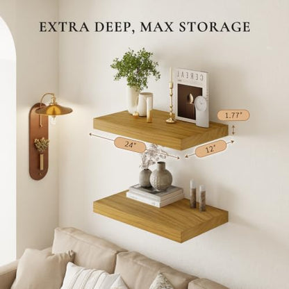 24" Extra Deep Floating Shelves, Set of 2, Natural Wood - color: Natural, size: 2T24IN