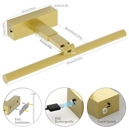 15.5In Battery Operated Picture Light 10000mAh Rechargeable Art Light Wireless Gallery Light 3CCT Dimmable for Paintings - color: Gold