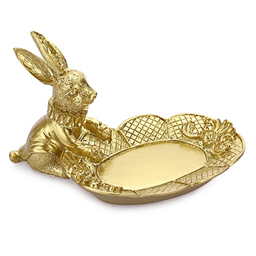 ELLDOO Golden Easter Bunny Figurine, Jewelry Ring Tray Trinket Holder Decorative Serving Tray Small Rabbit Statue Cute Ornament, Animal Sculpture Collectible Figurine Home Decor - style: Seated Rabbit