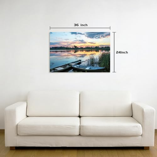 Dream Land Country Lake Canvas Wall Art: Modern Sunset Landscape Prints Nature Scene Painting for Bedroom Office - color: boat, size: 36"L x 24"W