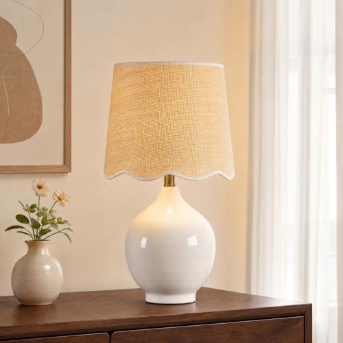 21"H Ceramic White Table Lamp with Beige Faux Rattan Drum Shade - color: Ceramic White