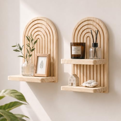Artilady Boho Shelf Wall Decor, Wood Hanging Shelves for Storage Display - color: Burlywood Ab