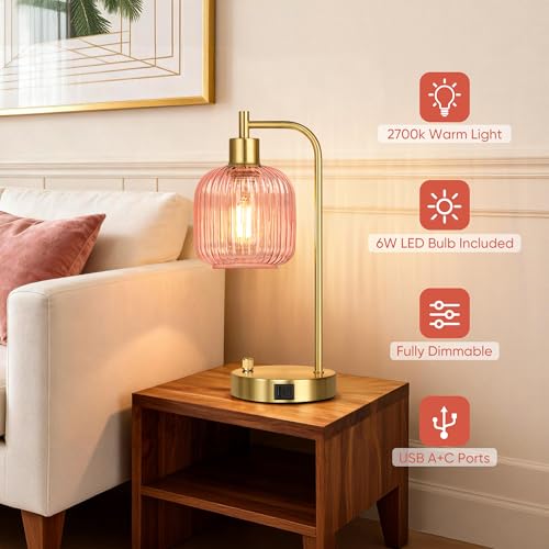 Pink Glass Table Lamps Set of 2, Dimmable Bedside Lamps for Living Room - color: Gold&Pink