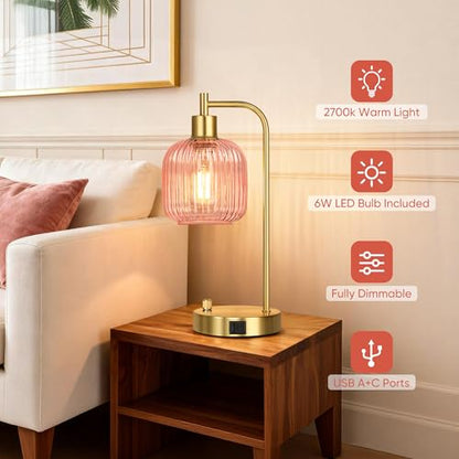 Pink Glass Table Lamps Set of 2, Dimmable Bedside Lamps for Living Room - color: Gold&Pink