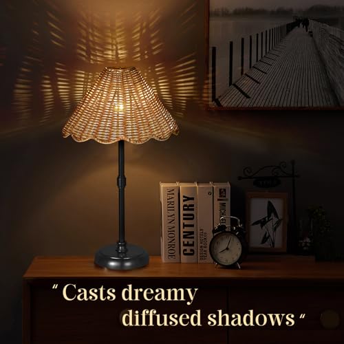 Cordless Boho Rattan Table Lamp Black, 5200-mAh Rechargeable Battery, 3-Level Brightness Dimmable, Build-in Integrated LED 320 Lumen Max, Rattan Shade, for Bedside Restaurant Dining Table - color: 16'' Tall Black