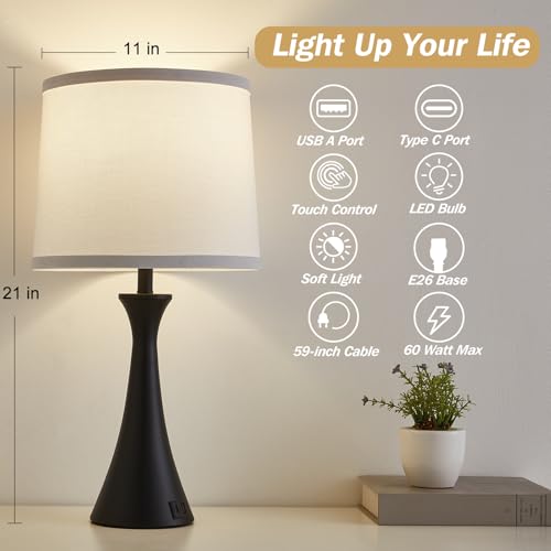 Touch Table Lamps Set of 2, 21" Bedside Lamps with USB C+A - color: Black & White Shade