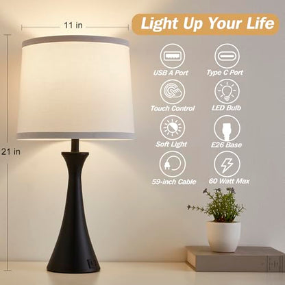Touch Table Lamps Set of 2, 21" Bedside Lamps with USB C+A - color: Black & White Shade