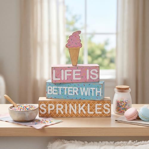 Geelin 4 Pcs Summer Ice Cream Table Wooden Decorations Ice Cream Wood Sign - style: Ice Cream