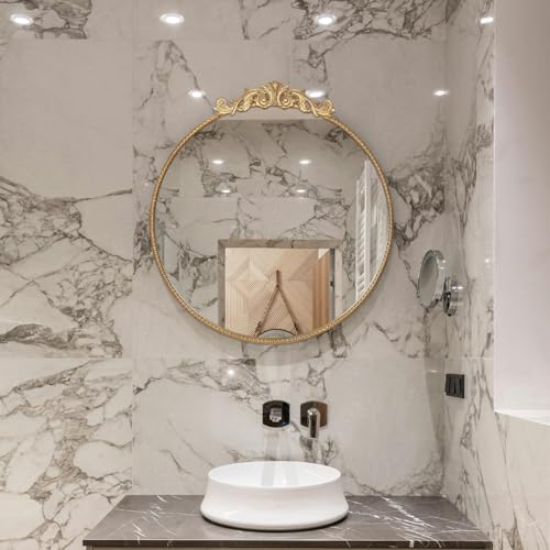 Vintage Round Wall Mirror, Distressed Metal Frame Accent Mirror with Embossed Carved Decorative Top for Bathroom Living Room Bedroom Entryway, Antique Gold Finish (30 Inch) - color: Antique Gold, size: 30"L x 30"W