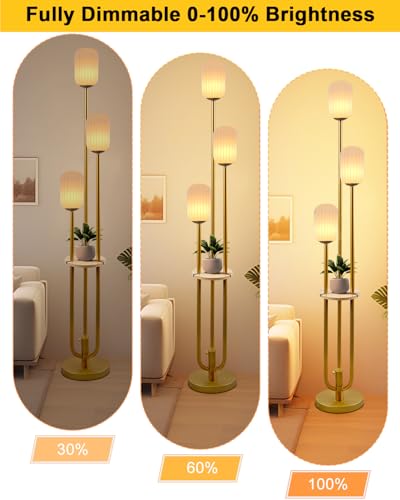Lightdot Gold Dimmable Floor Lamp with Shelf Modern Floor Lamps with Oval Striped Lampshade 3000K Bulb Included 3-Lights Candle Holder Style Tall Lamp for Living Room/Bedroom/Sofa Beside/Corner Decor - color: Oval Strip-Gold