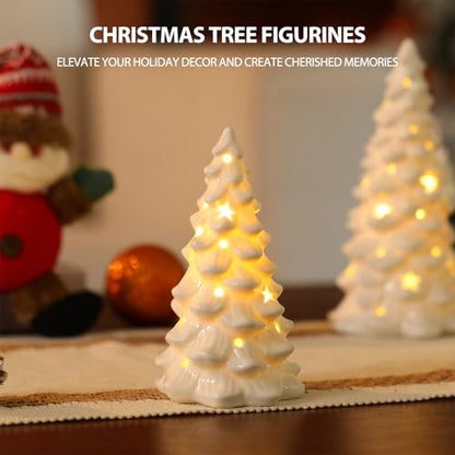 HOMCDALY 2 PCS White Small Christmas Tree with Lights, Mini Christmas Tree for Christmas Décor, Tabletop Xmas Tree Figurines, Christmas Decorations（Ceramic）