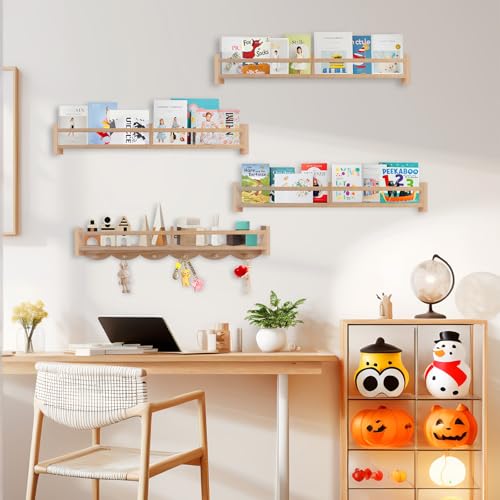 34Inch Nursery Book Shelves Wall Mounted, Floating Book Shelf for Kids Coat Rack with 6 Hooks, Wall Hanging Shelf for Baby Nursery Room Organizer ，Patent Number:US-D1058229-S(4, Burlywood) - color: Burlywood