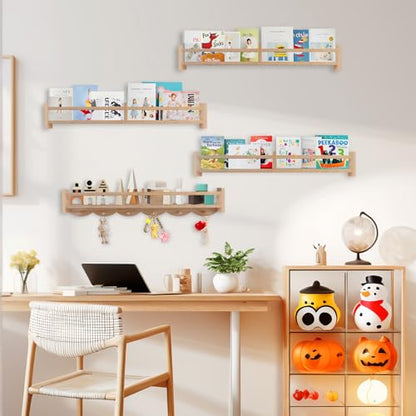 34Inch Nursery Book Shelves Wall Mounted, Floating Book Shelf for Kids Coat Rack with 6 Hooks, Wall Hanging Shelf for Baby Nursery Room Organizer ，Patent Number:US-D1058229-S(4, Burlywood) - color: Burlywood
