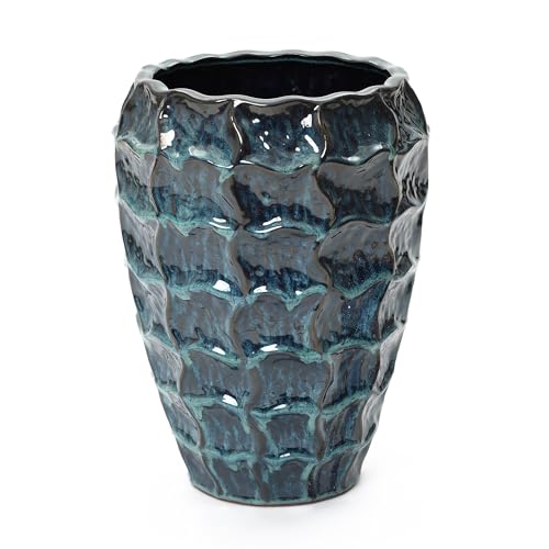 LuxenHome 17.7" Blue Ceramic Plant Pot, Tall Planter with Geometric Texture