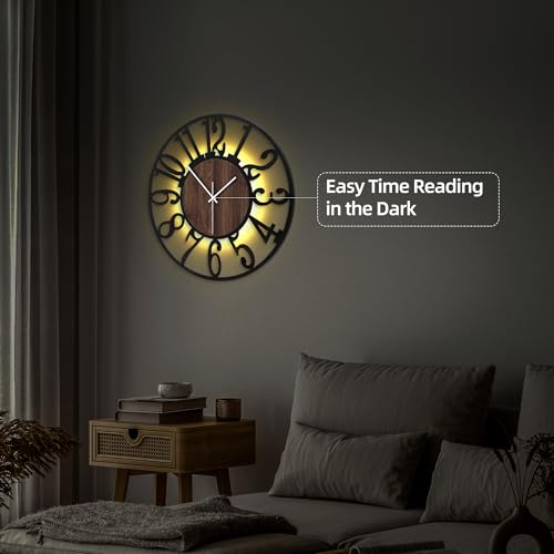 24" Silent Wall Clock – Adjustable Night Light, Battery Operated - color: Black Walnut - Arabic Numerals, size: 24 inch(60 cm)
