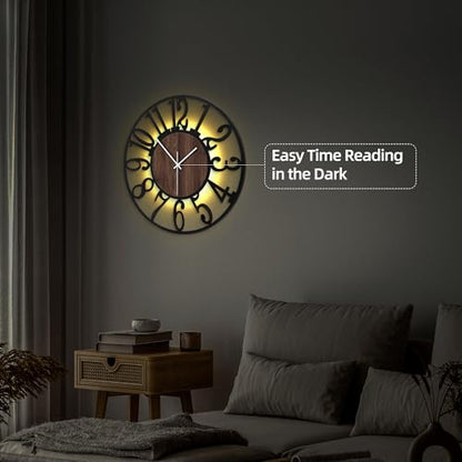 24" Silent Wall Clock – Adjustable Night Light, Battery Operated - color: Black Walnut - Arabic Numerals, size: 24 inch(60 cm)