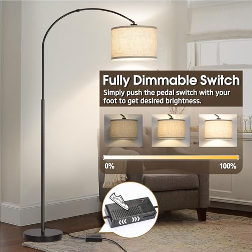 Dimmable Floor Lamp, Arc Floor Lamp with Dimmer, Black Standing Lamp with Adjustable Hanging Shade, Over Couch Tall Reading Light, Modern Pole Lamp for Living Room Bedroom, 9W LED Bulb Included - color: Black