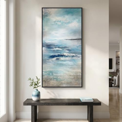 Framed Abstract Coastal Ocean Wall Art, Blue Vertical Art Print, 20x40 Inch - color: Blue White, size: 40"L x 20"W