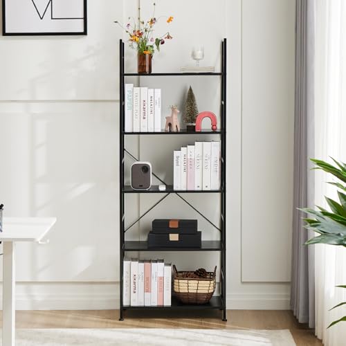 DUMOS 5 Tiers Open Bookshelf, Classic Freestanding Tall Display Shelf - color: Black, size: 5 Tier＆Open